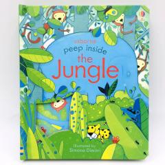 Peep Inside the Jungle детская книга на английском языке издательство Usborne, картонная книга на английском языке с открывающимися окошками, английские книги для малышей с флэпами и окошками