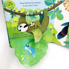 Peep Inside the Jungle детская книга на английском языке издательство Usborne, картонная книга на английском языке с открывающимися окошками, английские книги для малышей с флэпами и окошками